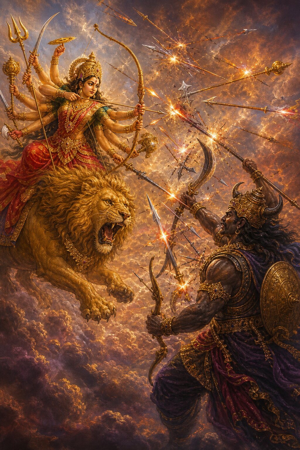 आकाश में देवी और शुम्भ के बाण आपस में टकराकर चिनगारियाँ बिखेरते हैं, सिंह झपट रहा है।