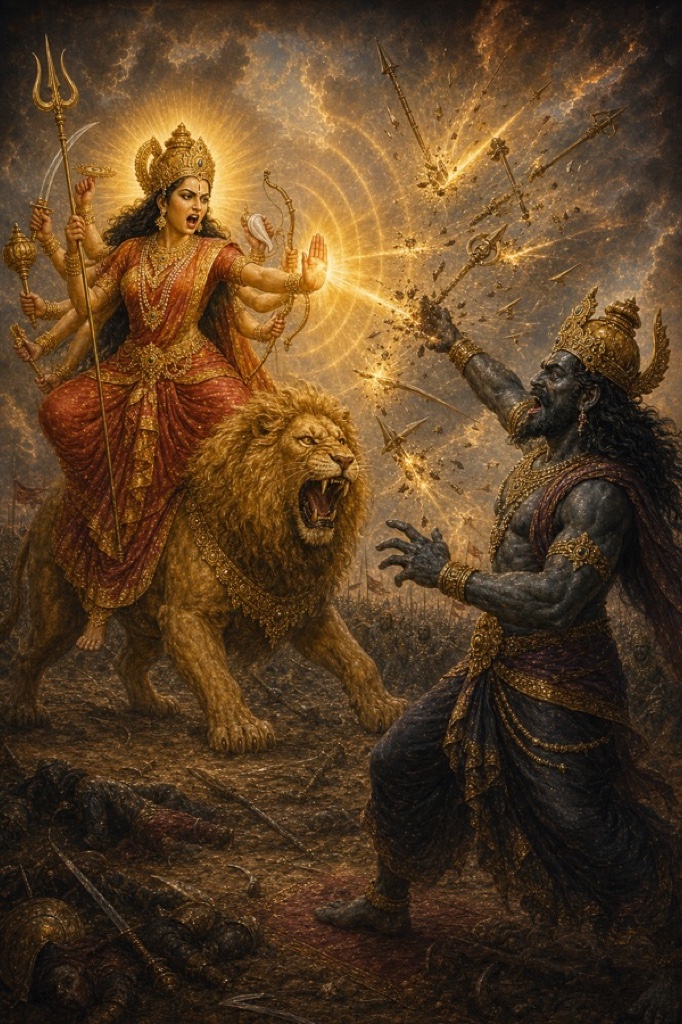 देवी की उठी हथेली से निकले तेज से शुम्भ के चलाए अस्त्र टूटकर बिखर जाते हैं।