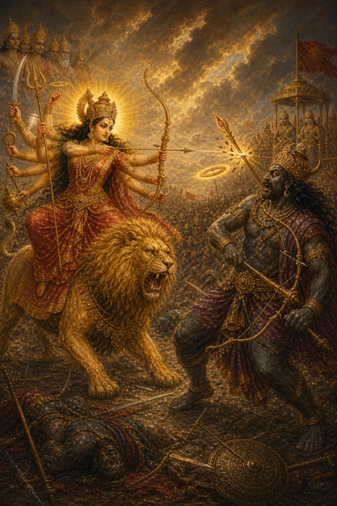 देवी का बाण शुम्भ के अस्त्र को बीच आकाश में काटकर चिनगारियों में बिखेर देता है।
