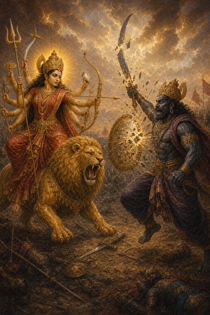 देवी के प्रहार से उछलते शुम्भ की तलवार और ढाल टुकड़े-टुकड़े होकर बिखर जाती हैं।