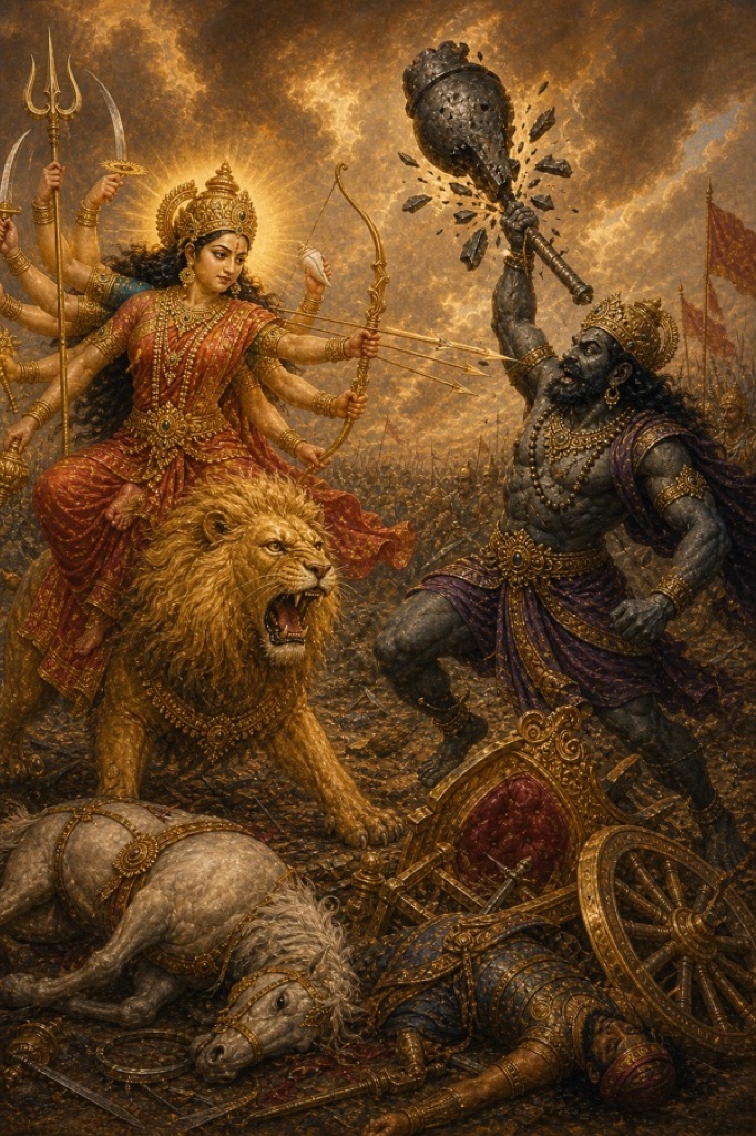 देवी के बाण शुम्भ की गदा को चूर करते हैं, नीचे उसका टूटा रथ और मृत अश्व पड़े हैं।