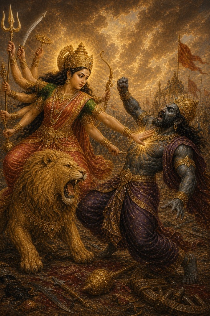 देवी की हथेली का प्रहार शुम्भ की छाती पर पड़ता है और वह पीछे लड़खड़ा जाता है।