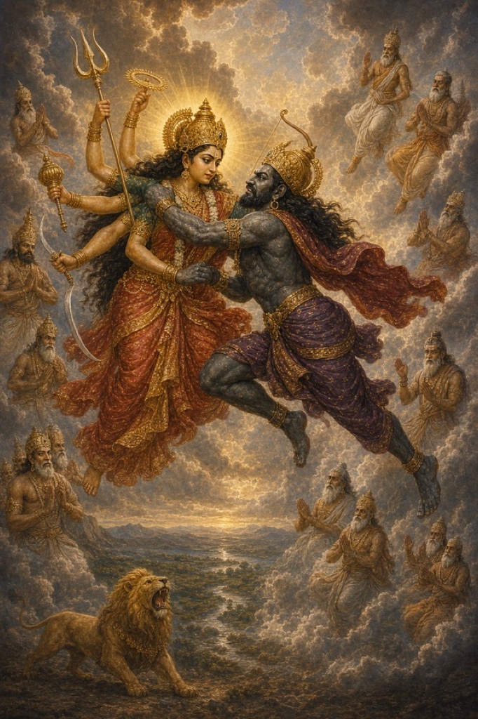 आकाश में देवी और शुम्भ के बीच मल्लयुद्ध छिड़ा है, चारों ओर ऋषि मुनि बादलों से देखते हैं।