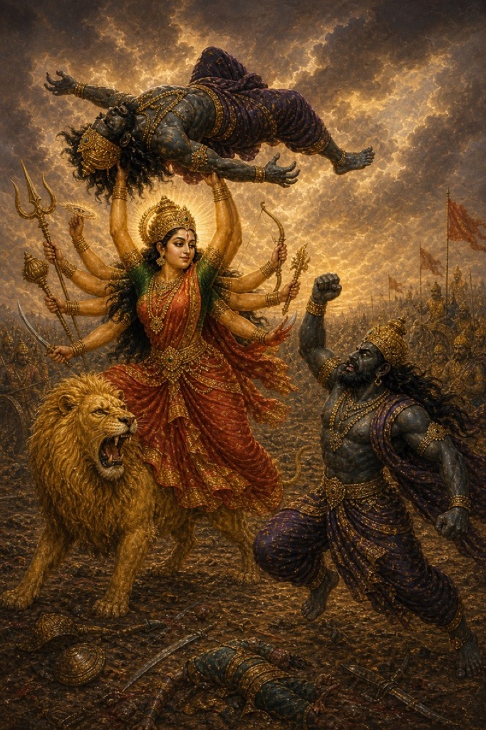 देवी शुम्भ के शरीर को सिर के ऊपर उठाकर पटकने को हैं, रणभूमि में सिंह दहाड़ता है।