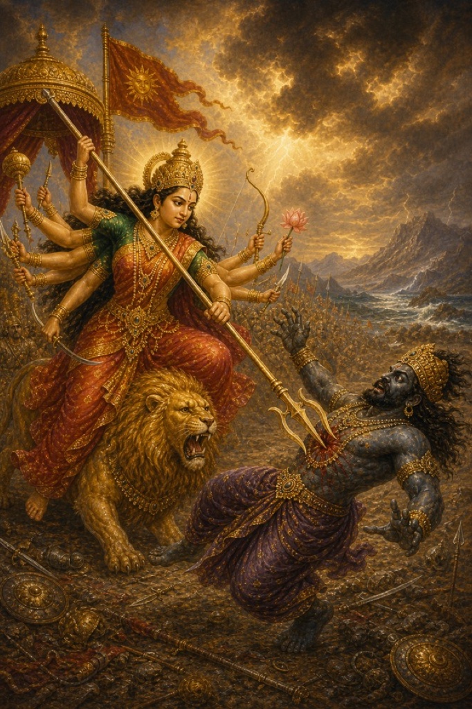 देवी अपने त्रिशूल से गिरते शुम्भ की छाती बेधती हैं, ऊपर ध्वजा और छत्र शोभित हैं।