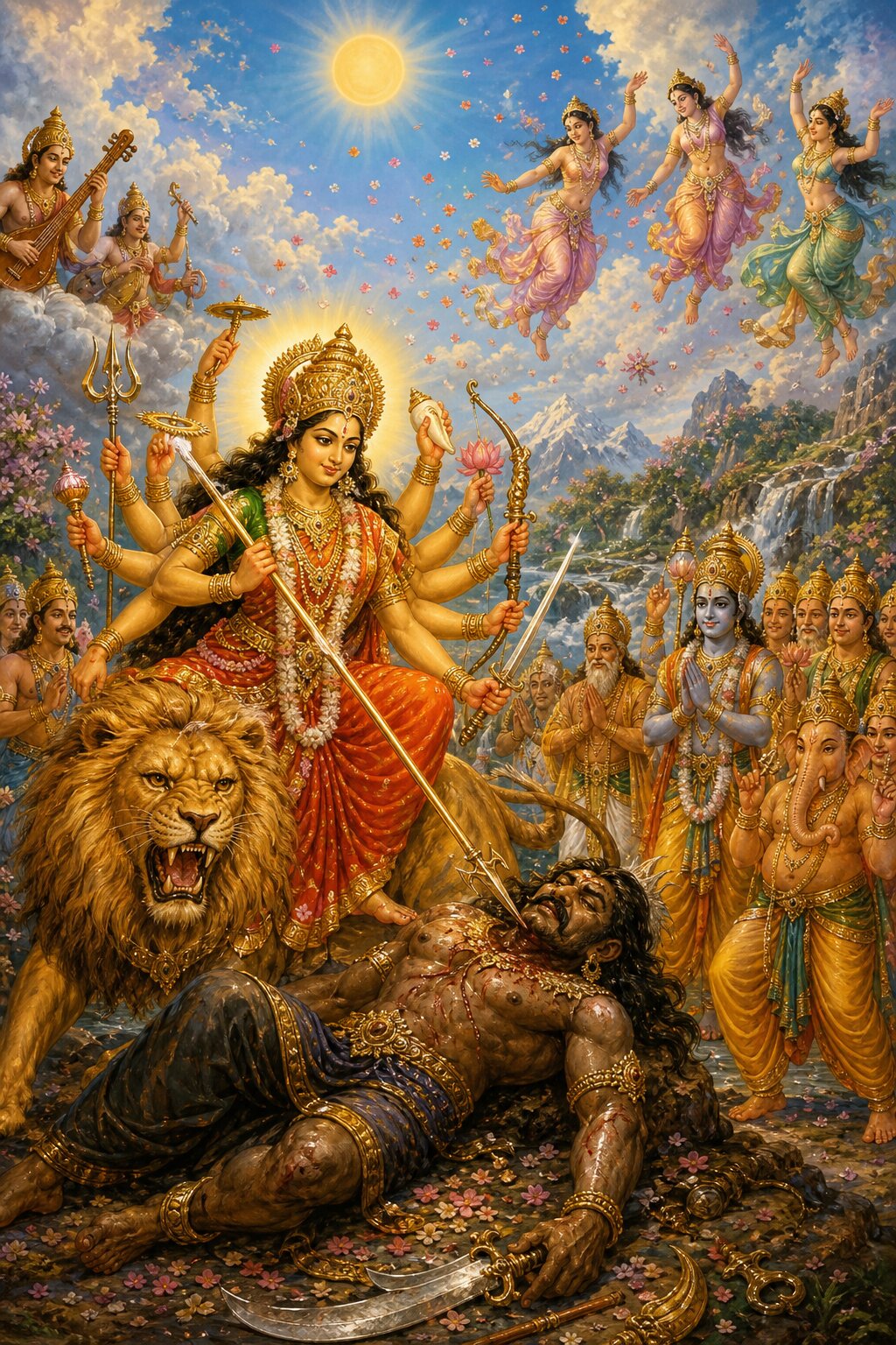 शुम्भ के शव पर त्रिशूल टिकाए देवी विजयी विराजती हैं, आकाश में अप्सराएँ नाचती हैं और पुष्प बरसते हैं।