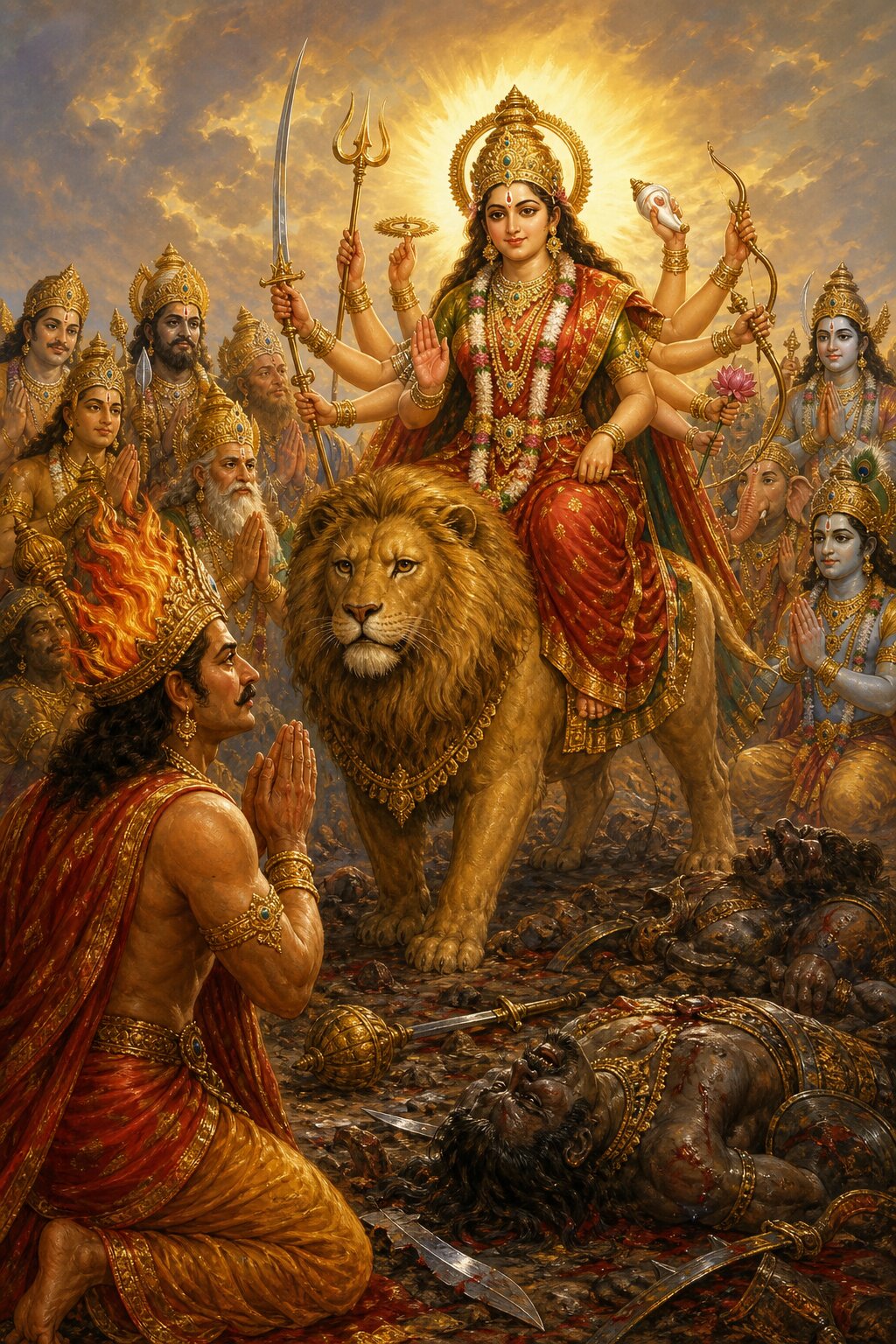 विजय के बाद देवता हाथ जोड़कर सिंहवाहिनी देवी की स्तुति करते हैं, भूमि पर दैत्यों के शव पड़े हैं।