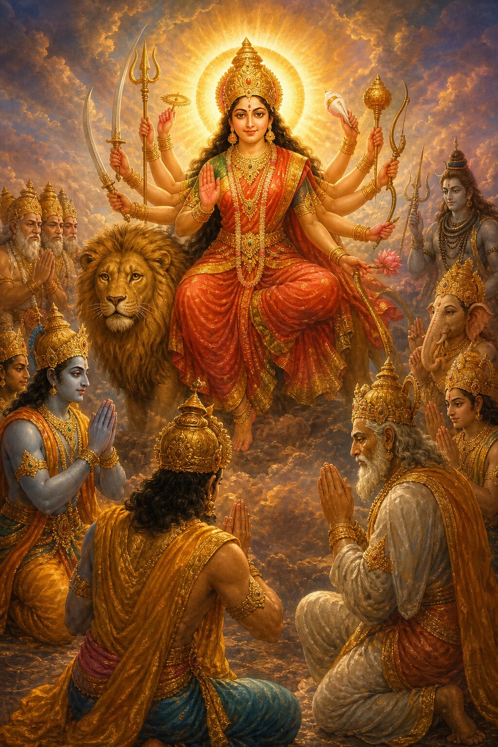 प्रभामंडल से घिरी देवी सिंह पर बैठी हैं, गणेश सहित देवगण चारों ओर करबद्ध स्तुति करते हैं।