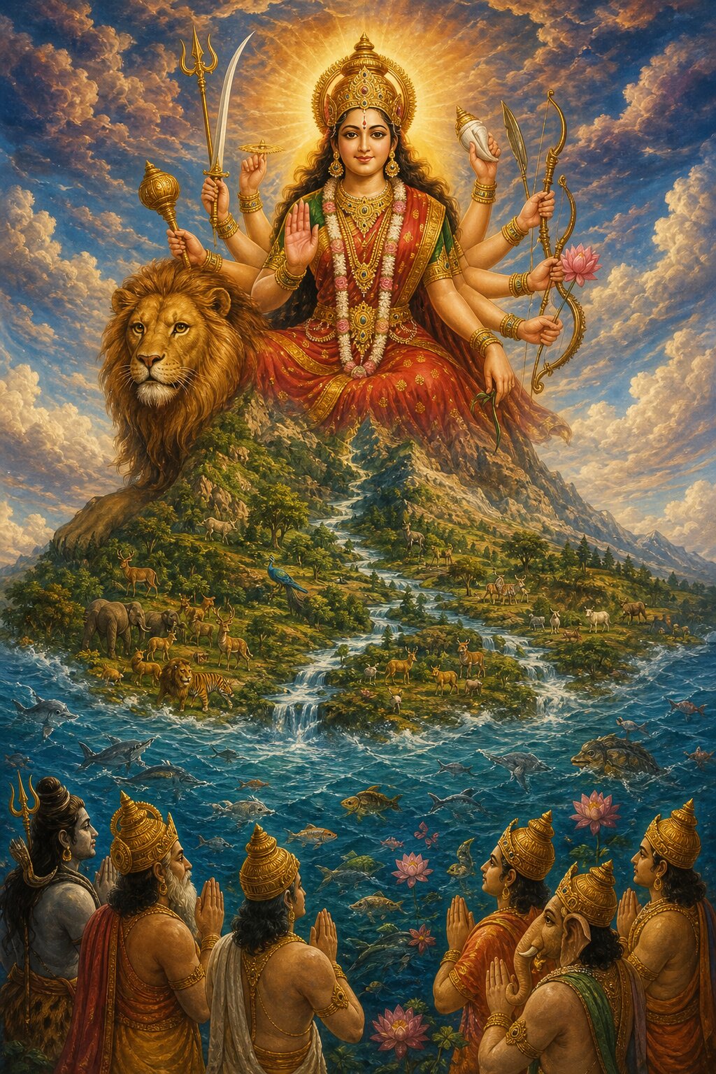 मेघों के बीच सिंह संग विराजी देवी के दोनों ओर शिव, गणेश और अन्य देवता करबद्ध खड़े हैं।