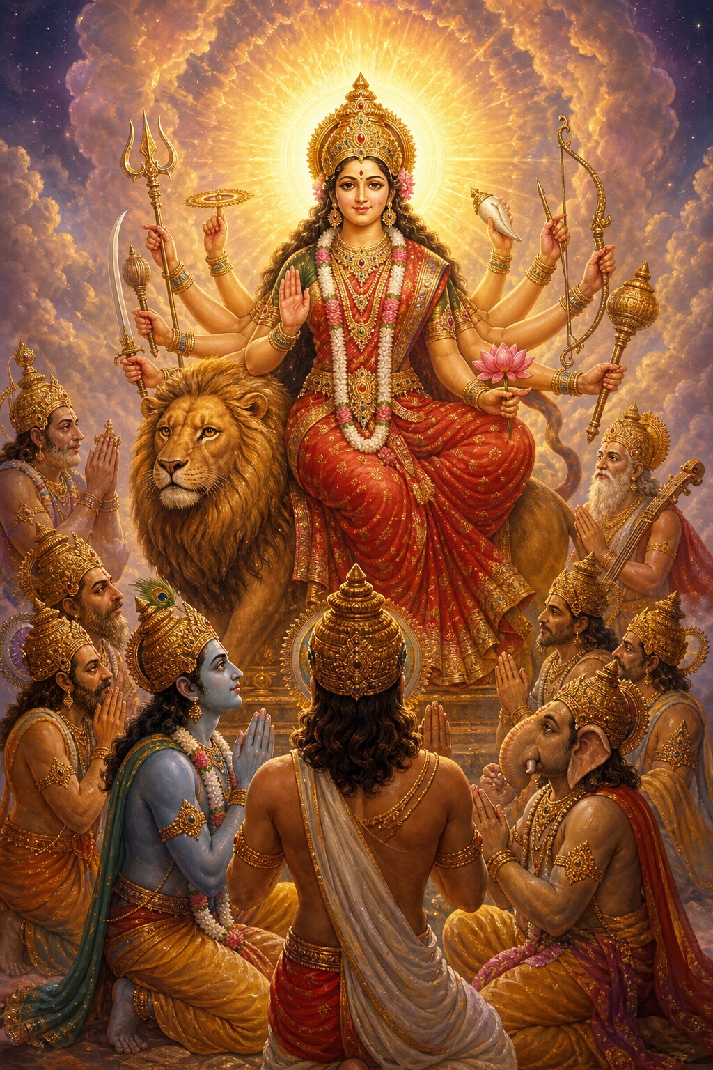 पर्वत शिखर पर विराजमान देवी के नीचे वन, पशु, झरने और सागर के जीव दर्शाए गए हैं।