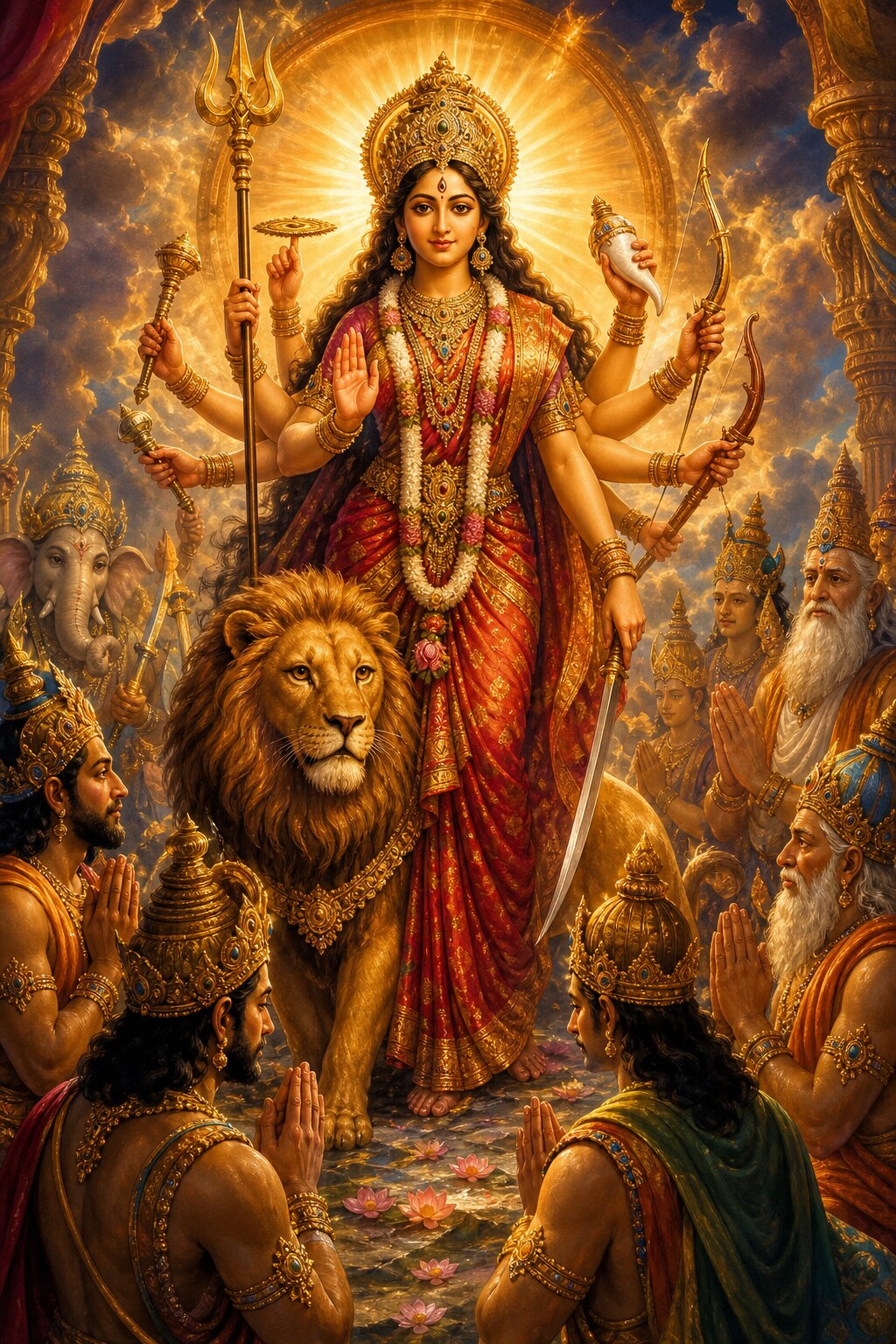 तारों भरे मेघमंडल में देवी सिंह सहित विराजमान हैं, वीणाधारी ऋषि और देवगण चरणों में बैठे हैं।