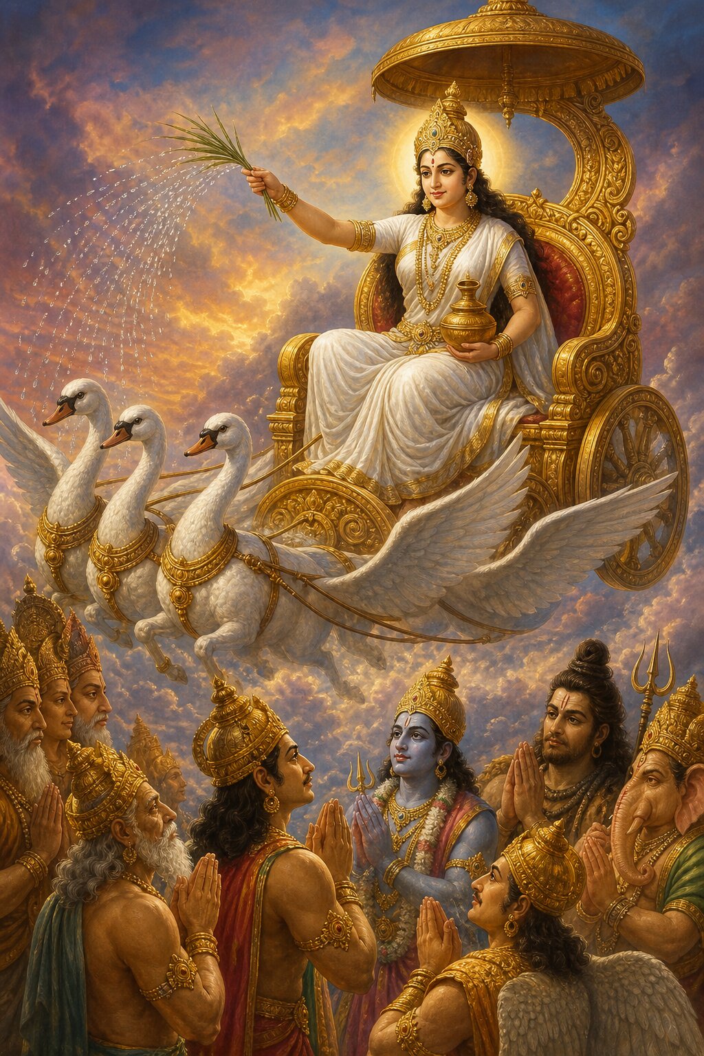 हंसों के रथ पर बैठी ब्रह्माणी कुश से जल छिड़कती हैं, नीचे देवगण हाथ जोड़े खड़े हैं।