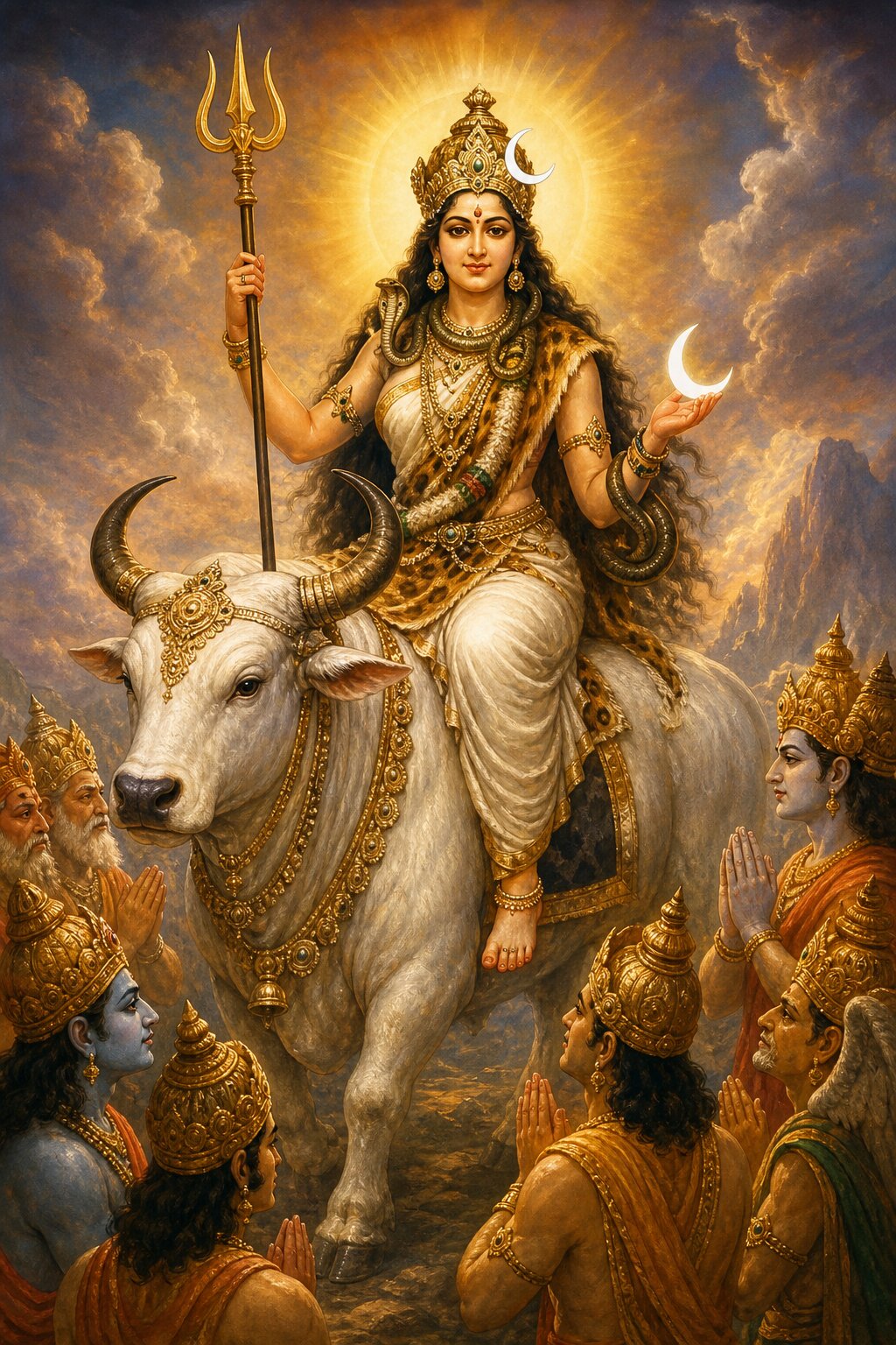 वृषभ पर आसीन माहेश्वरी त्रिशूल धारण किए हैं, गले में सर्प और हाथ पर चंद्रकला शोभित है।