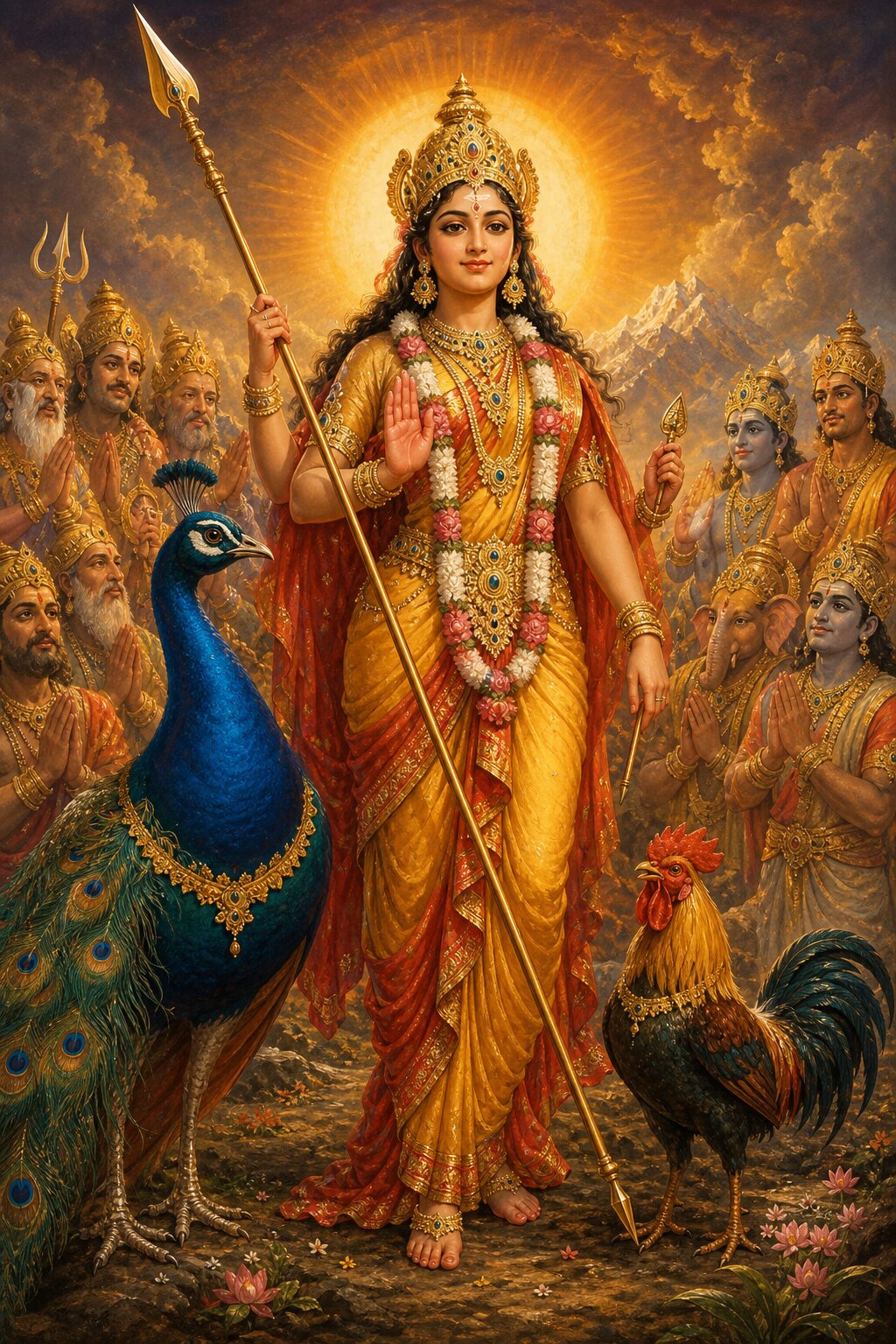 मोर और मुर्गे के संग खड़ी कौमारी शक्ति भाला लिए हैं, चारों ओर देवगण स्तुति करते हैं।