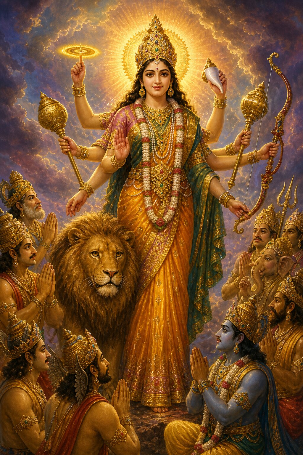 शंख, चक्र, गदा और धनुष धारण किए वैष्णवी सिंह के संग खड़ी हैं, देवगण प्रणाम करते हैं।