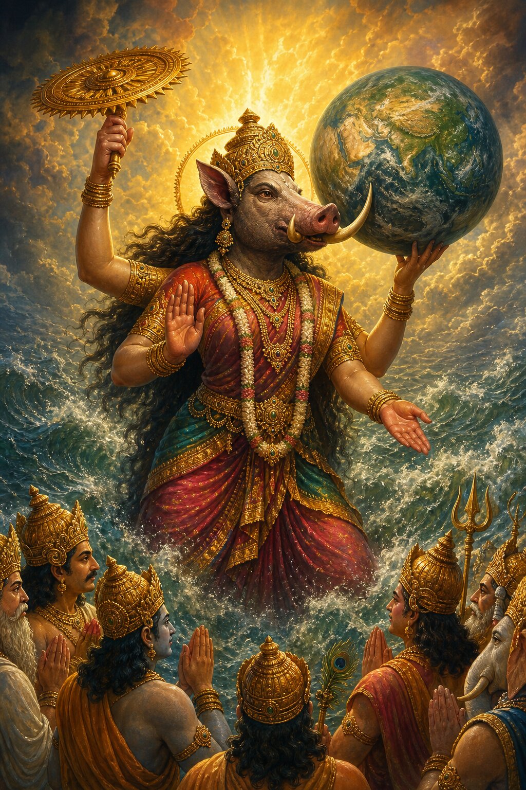 वराहमुखी वाराही चक्र उठाए उफनते सागर की लहरों से पृथ्वी को हथेली पर धारण करती हैं।
