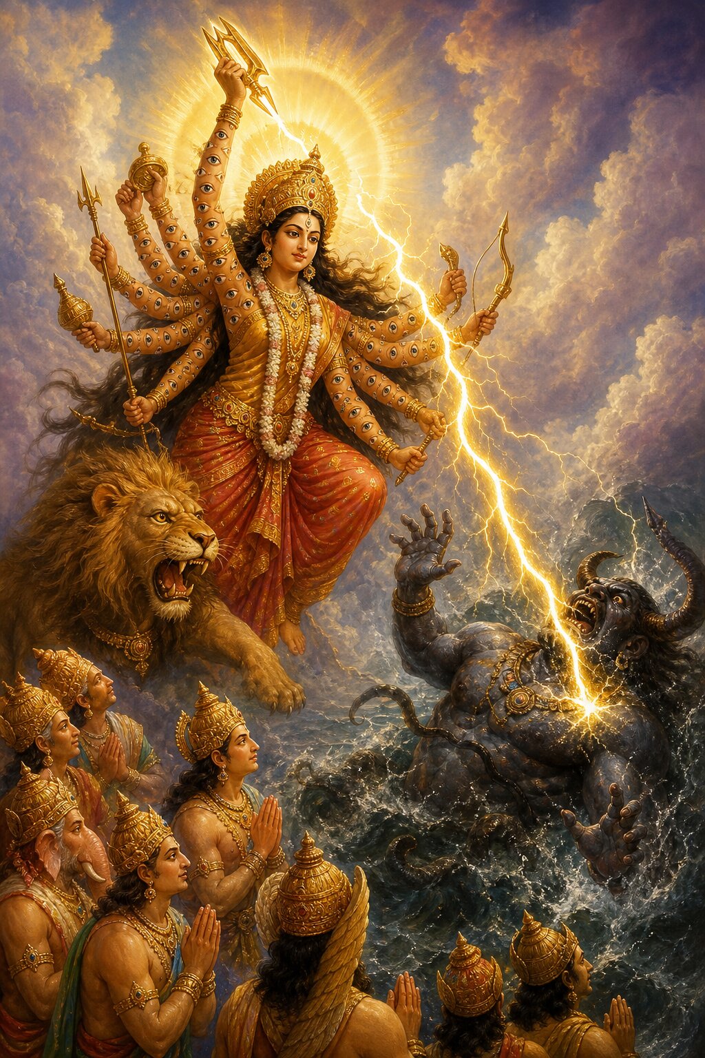 सहस्र नेत्रों से अंकित भुजाओं वाली ऐन्द्री वज्र की विद्युत से सागर के दैत्य पर प्रहार करती हैं।