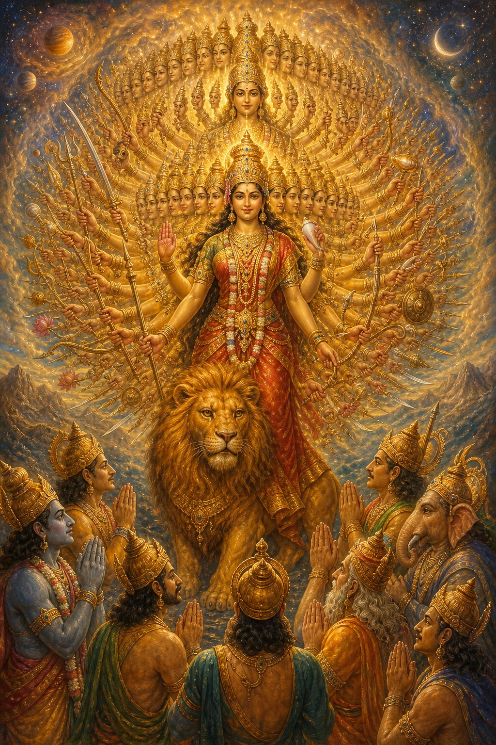 सहस्रों मुख और भुजाओं वाला देवी का विराट रूप ब्रह्मांड में व्याप्त है, नीचे देवगण नतमस्तक हैं।