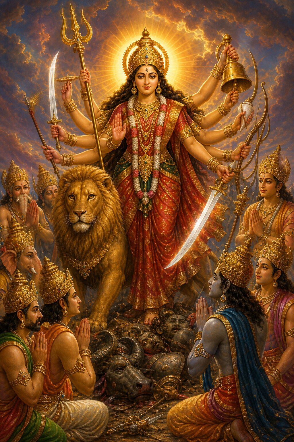 घण्टा, त्रिशूल और खड्ग धारण किए देवी के चरणों के पास दैत्यों के मुण्ड और महिष पड़े हैं।