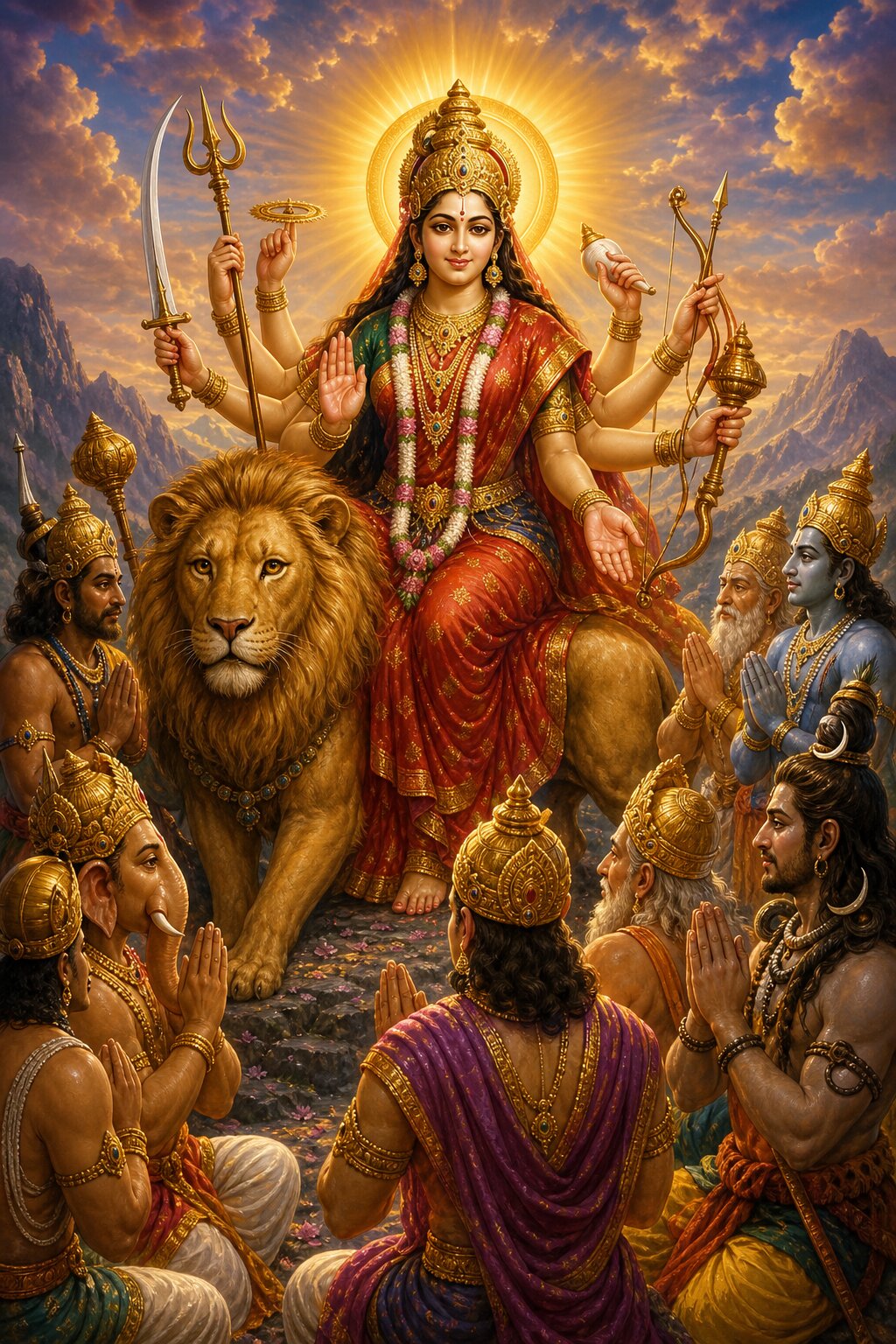 सिंह पर बैठी देवी वरद मुद्रा में हथेली खोले हैं, शिव और गणेश सहित देवगण प्रार्थना करते हैं।
