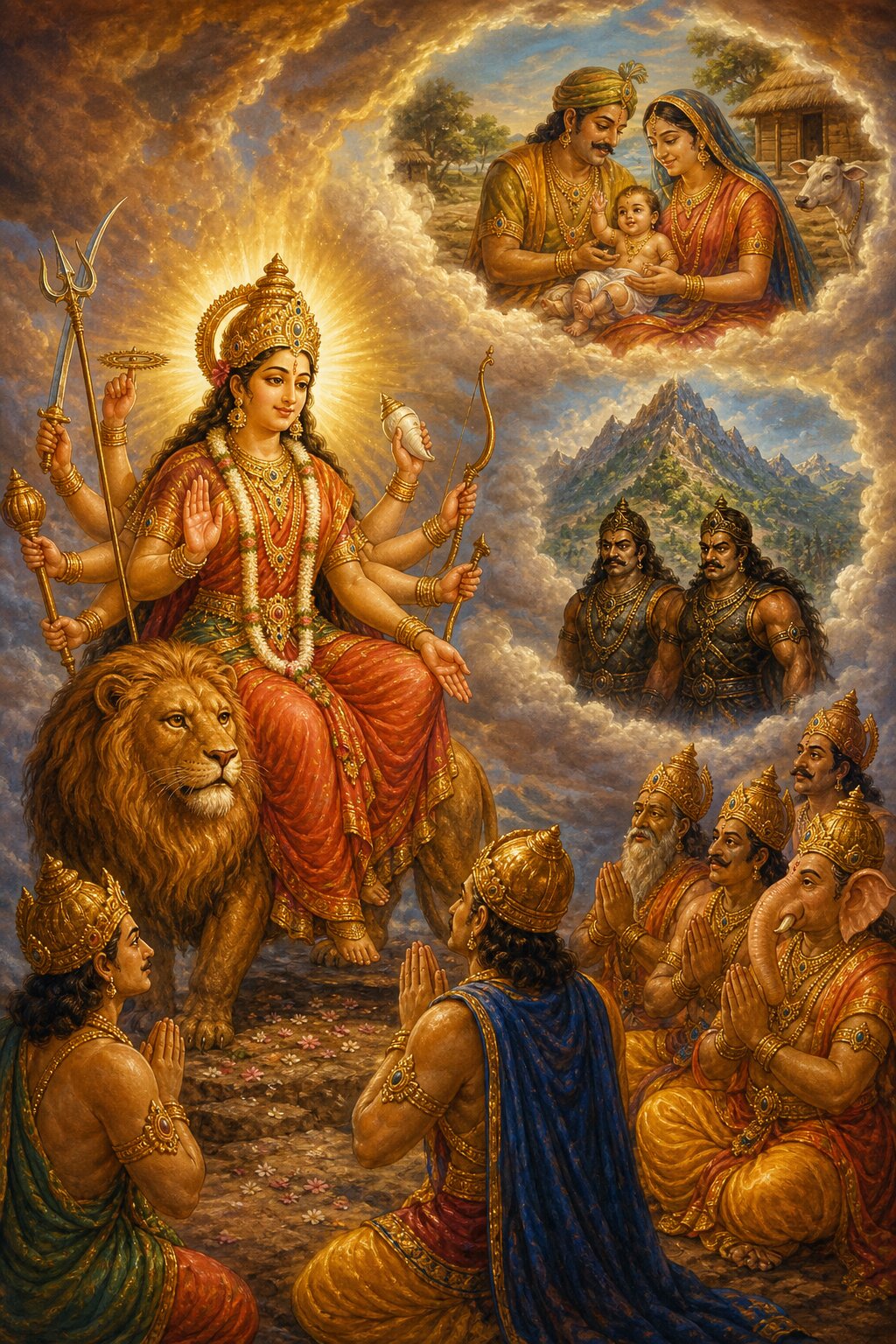 सिंहासन पर बैठी देवी के ऊपर बादलों में सुखी गृहस्थ परिवार और दो दैत्य योद्धाओं के दृश्य झलकते हैं।