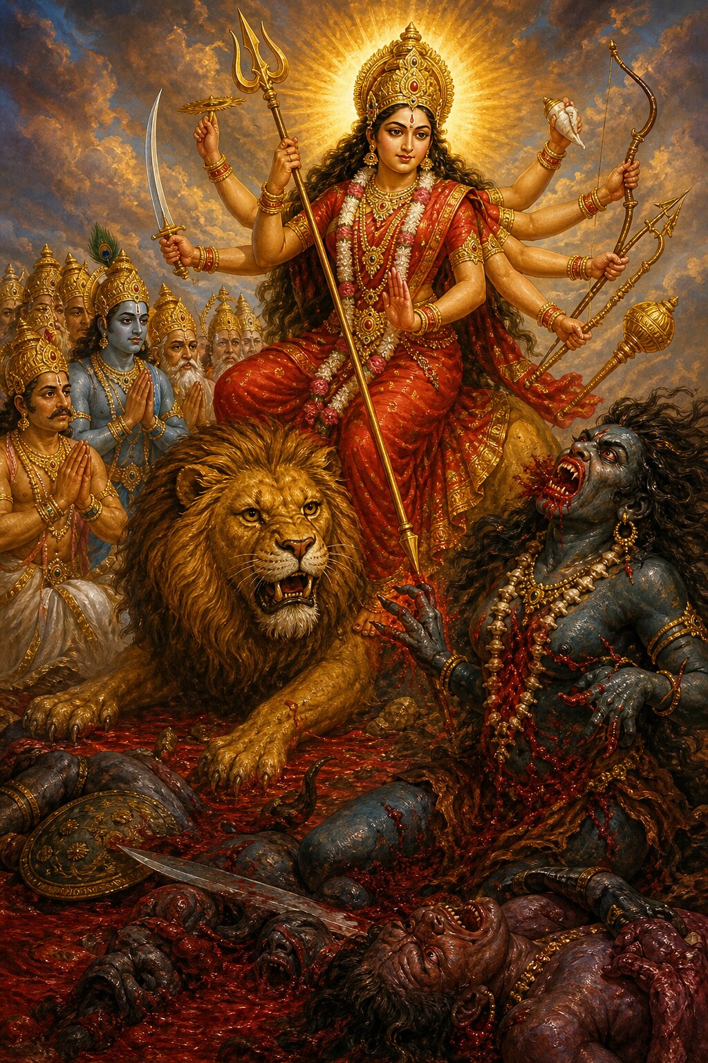 देवी सिंह पर बैठी भाले से रक्त बहाते दैत्य को बेधती हैं, देवगण एक ओर स्तुति करते हैं।