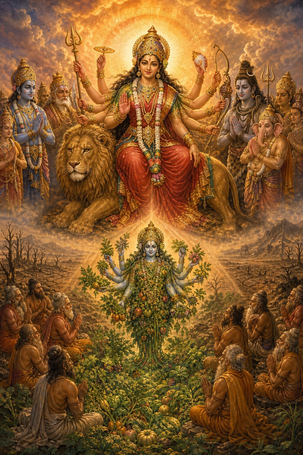 सूखी धरती पर शाकम्भरी रूप में देवी फल और हरी वनस्पतियाँ धारण किए प्रकट होती हैं, ऋषि प्रणाम करते हैं।