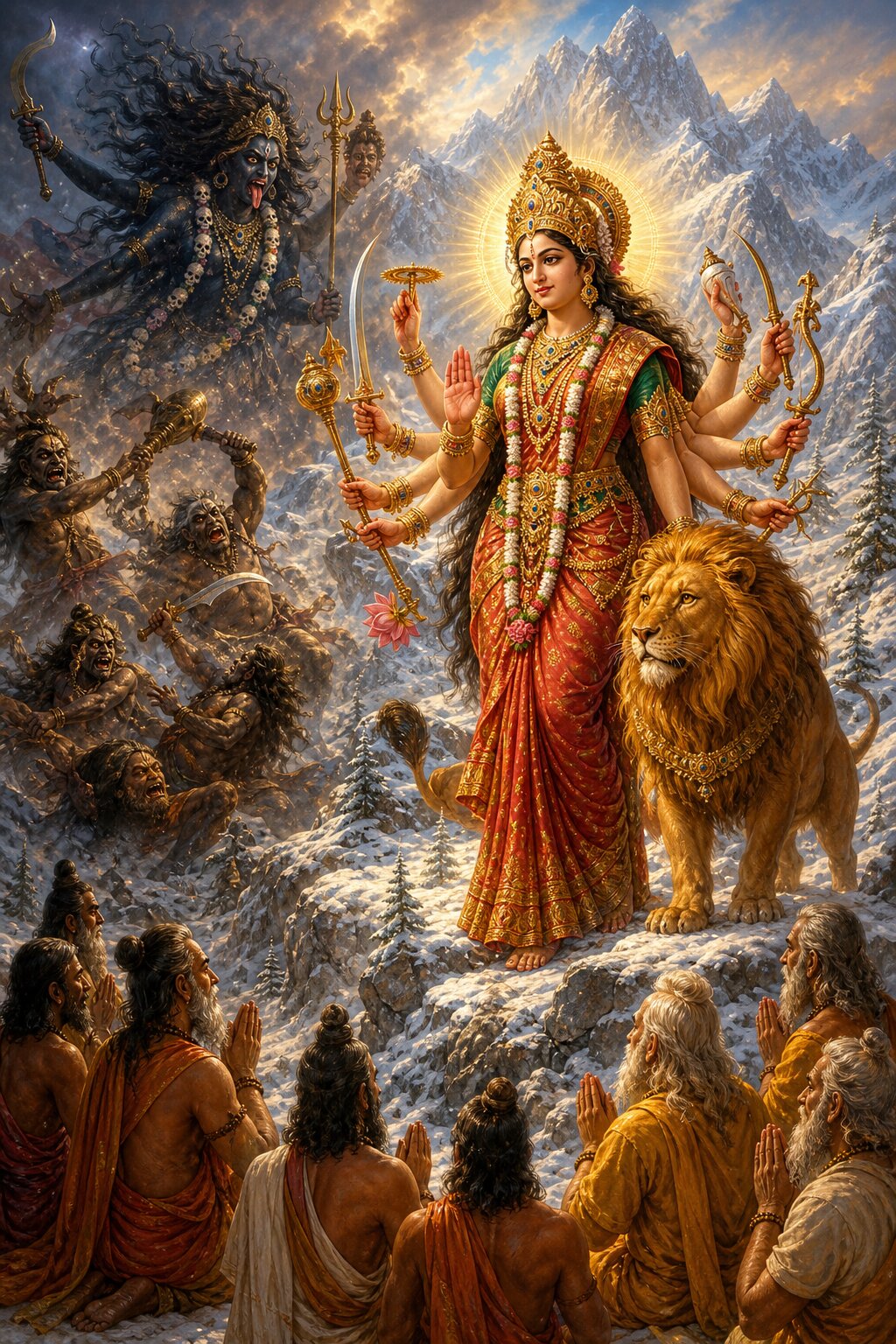 हिमाच्छादित पर्वतों पर देवी सिंह संग खड़ी हैं, ऊपर उग्र भीमा रूप दैत्यों का संहार करता है।