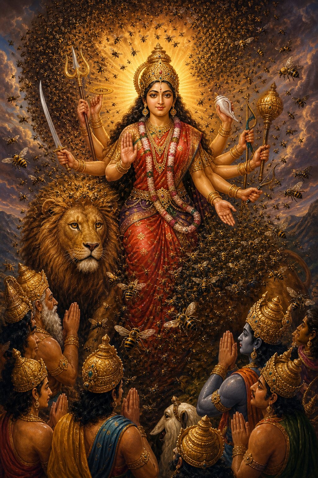 भ्रामरी रूप में देवी के चारों ओर असंख्य भ्रमरों का विशाल झुंड मंडराता है, देवगण नीचे स्तुति करते हैं।