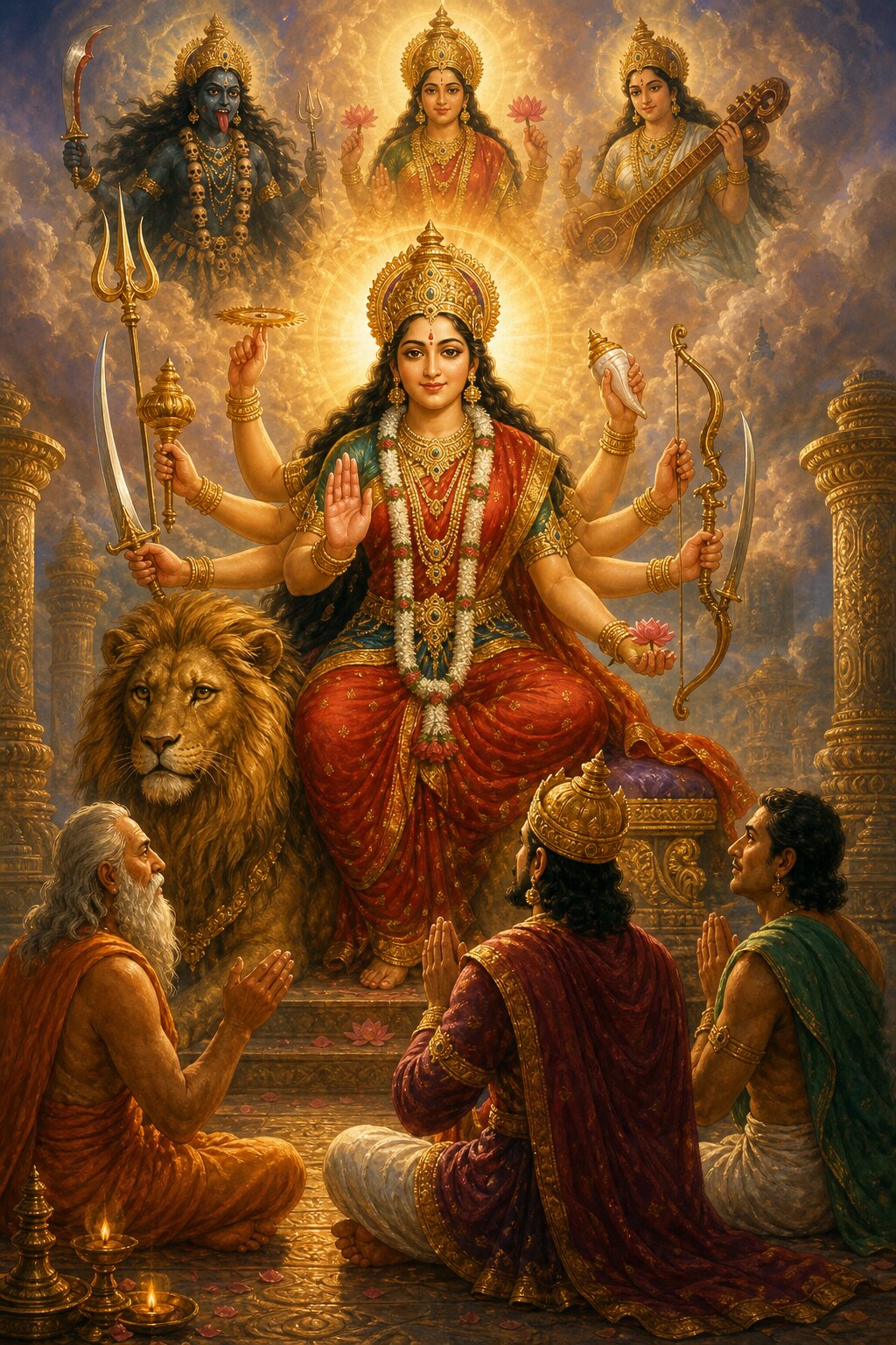सिंहासन पर विराजी देवी के ऊपर काली, लक्ष्मी और सरस्वती दर्शित हैं, नीचे भक्तगण दीप जलाकर प्रणाम करते हैं।