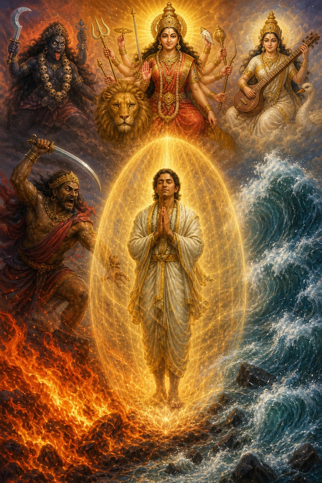 हाथ जोड़े भक्त तेजोमय कवच में सुरक्षित खड़ा है, अग्नि, असुर और समुद्री लहरें उसे छू नहीं पातीं।
