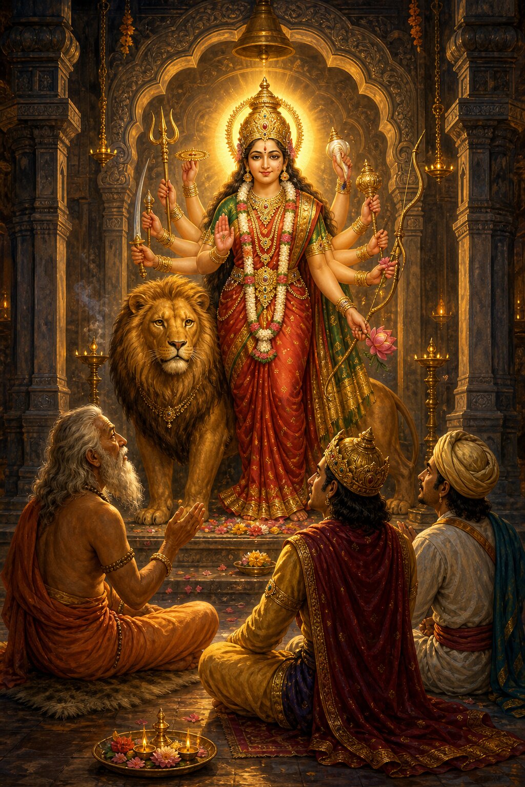 मंदिर में सिंह संग खड़ी देवी के सम्मुख वृद्ध ऋषि, मुकुटधारी राजा और व्यापारी हाथ जोड़े बैठे हैं।