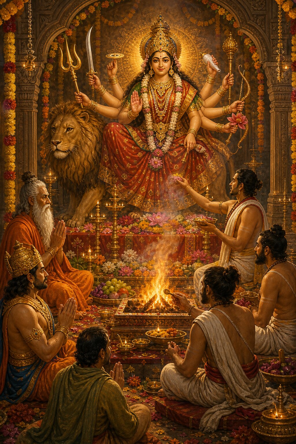 फूलों से सजे मंडप में भक्त हवन कुंड की अग्नि में आहुति देकर देवी की आराधना करते हैं।