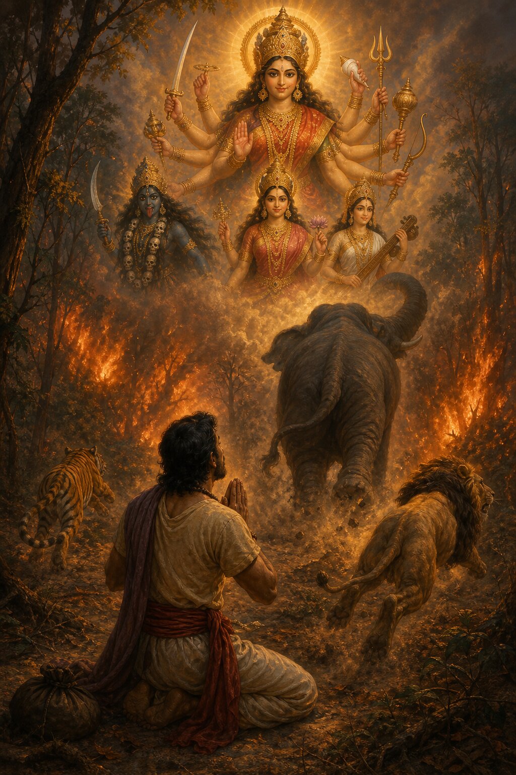 जलते वन में घिरा भक्त हाथ जोड़ता है, ऊपर देवियाँ प्रकट होकर अभय देती हैं, पशु भागते हैं।