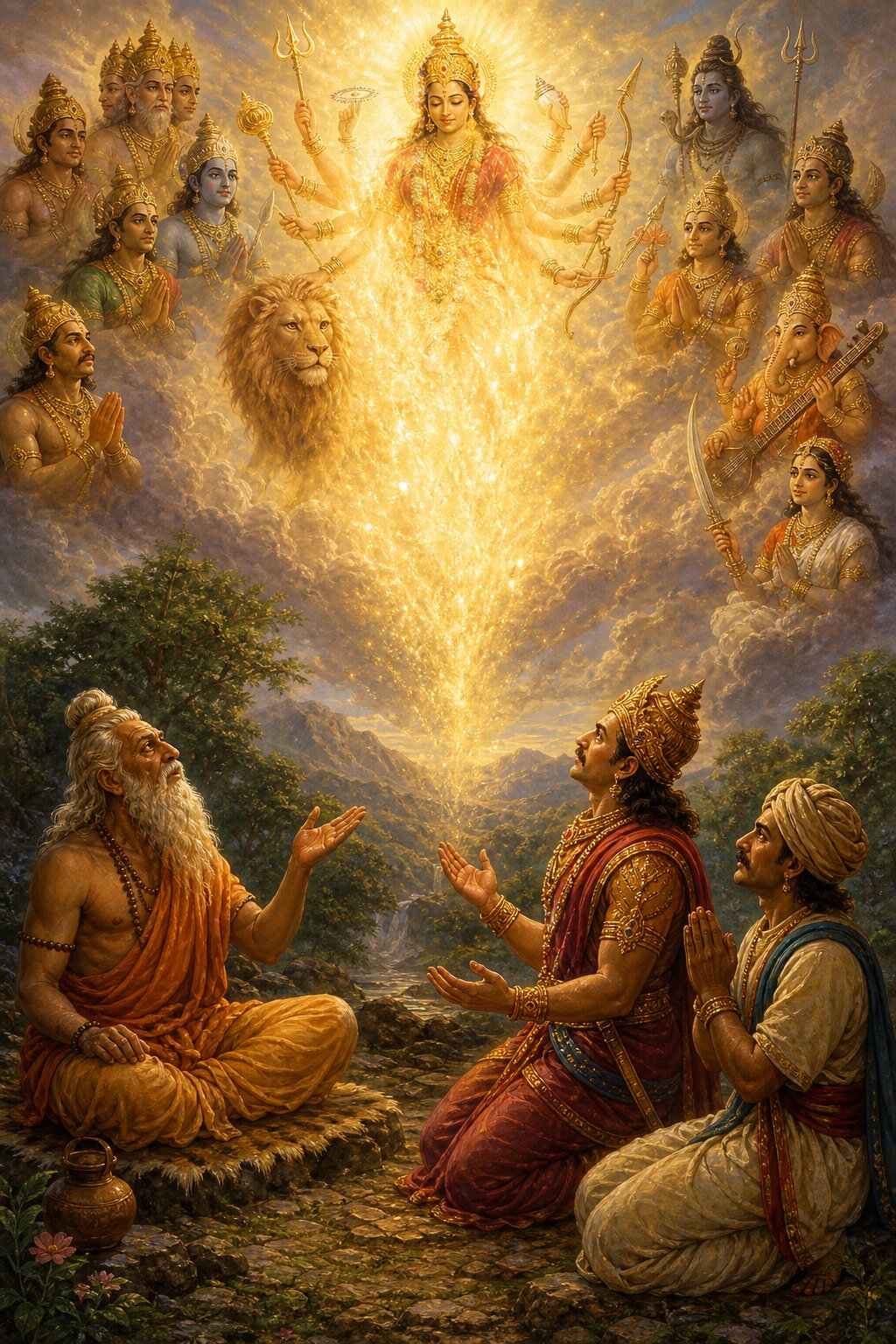 आकाश से देवी की कृपा स्वर्णिम प्रकाश धारा बनकर ऋषि, राजा और वणिक पर बरसती है।