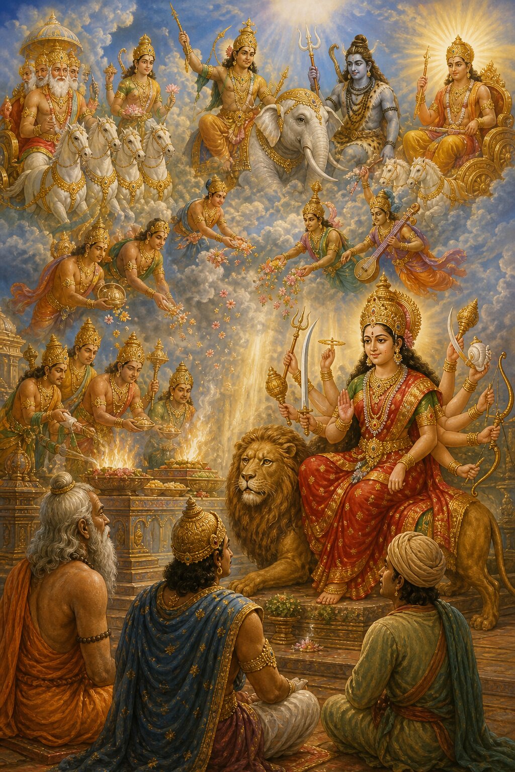 स्वर्गलोक में देवता रथों और श्वेत गज पर विराजे पुष्पवर्षा करते हैं, नीचे देवी सिंह पर आसीन हैं।