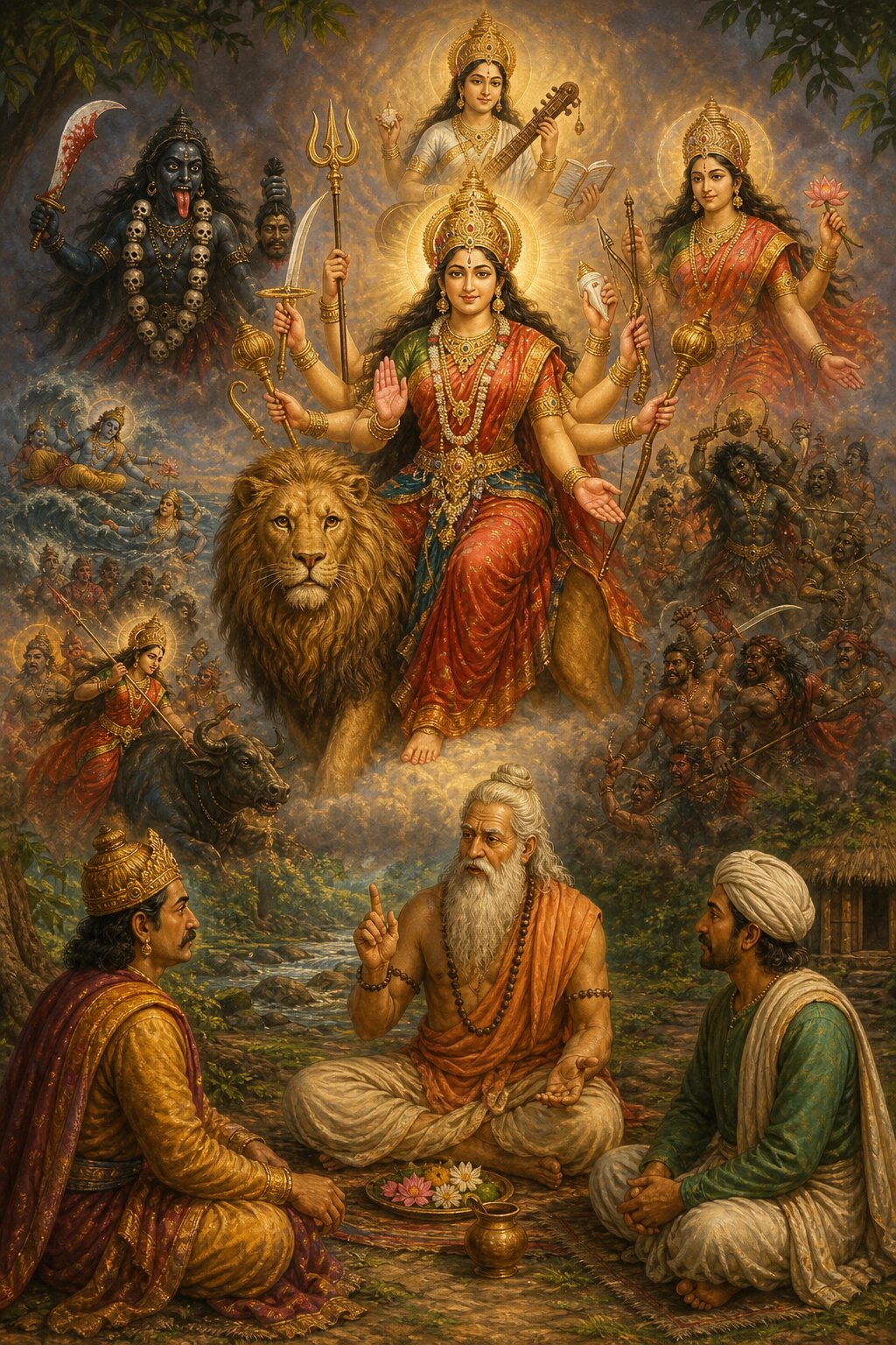 वृक्ष के नीचे ऋषि मेधा राजा सुरथ और वैश्य समाधि को देवी की कथाएँ सुनाते हैं, ऊपर दृश्य झलकते हैं।