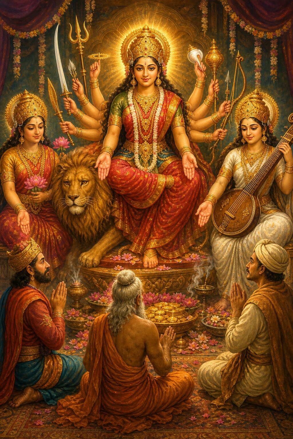 रत्नजड़ित मंडप में देवी लक्ष्मी और सरस्वती सहित विराजमान हैं, भक्त स्वर्ण और पुष्प अर्पित करते हैं।