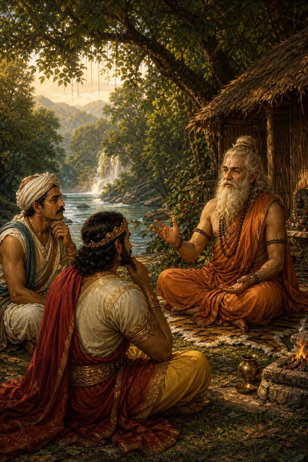 महर्षि मेधा नदी-तट के आश्रम में राजा सुरथ और वैश्य समाधि को देवी की कथा सुनाते हुए।