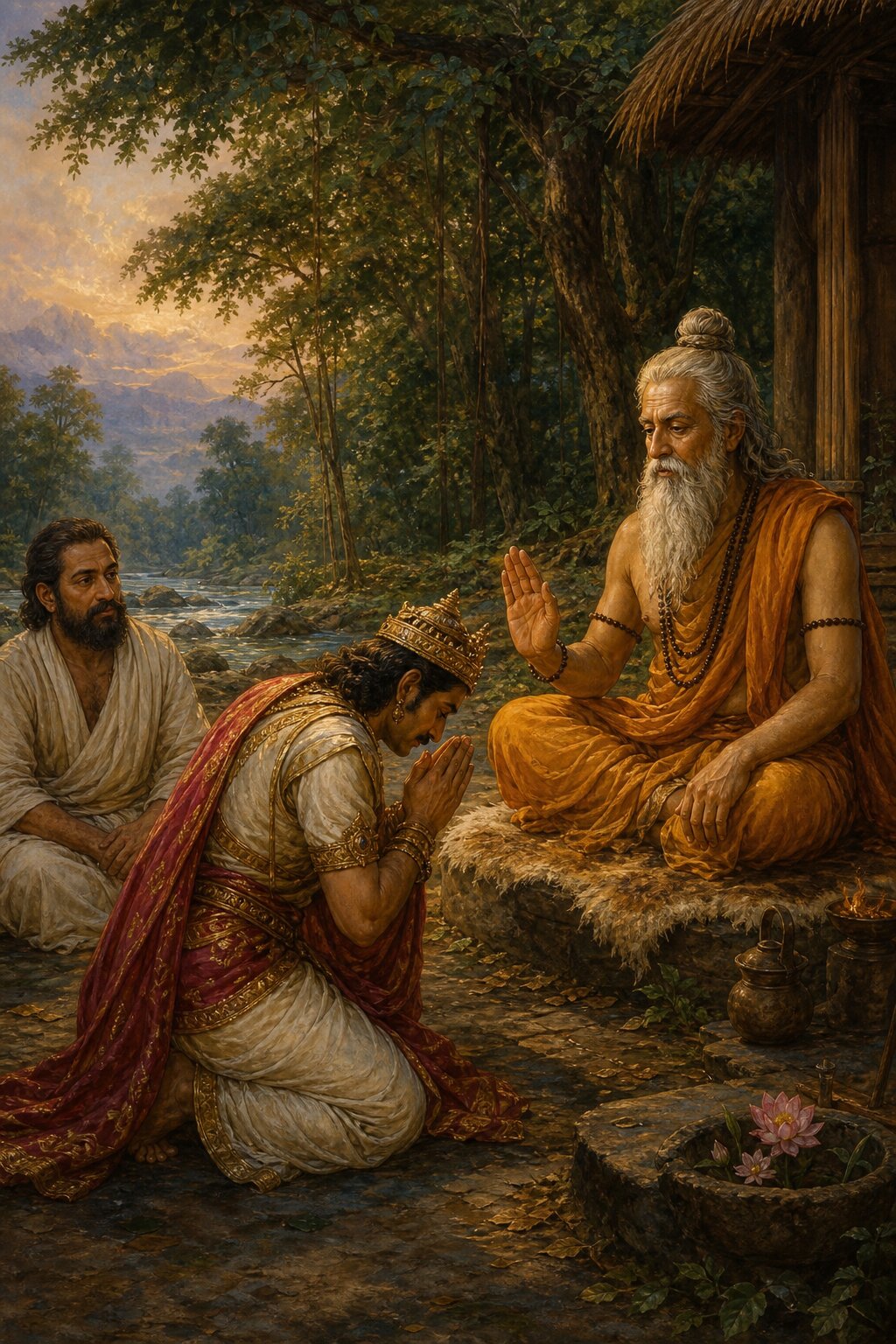 राजा सुरथ महर्षि मेधा के सम्मुख हाथ जोड़कर नतमस्तक, पास बैठा वैश्य समाधि उन्हें देखता हुआ।