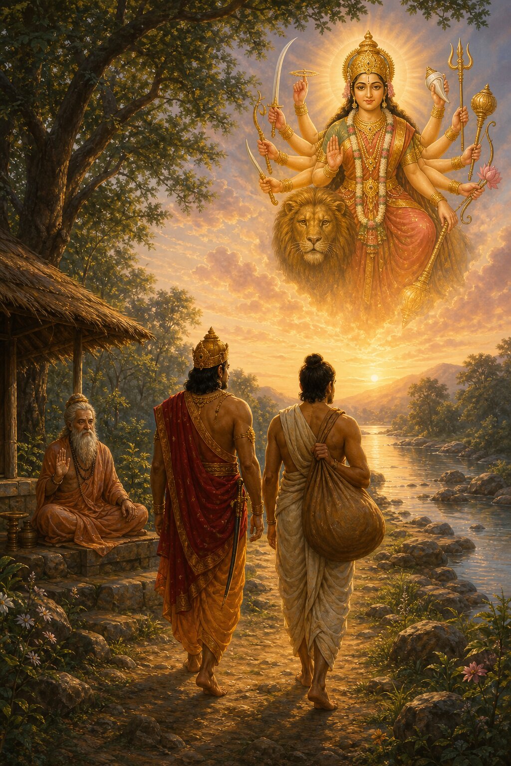 राजा सुरथ और वैश्य समाधि नदी-तट की ओर जाते हुए, आकाश में सिंहवाहिनी देवी का दिव्य दर्शन।