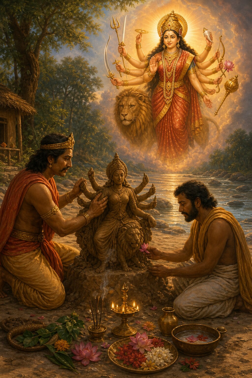 राजा और वैश्य नदी-किनारे देवी की मिट्टी की मूर्ति गढ़ते हुए, ऊपर सिंह सहित देवी प्रकट।