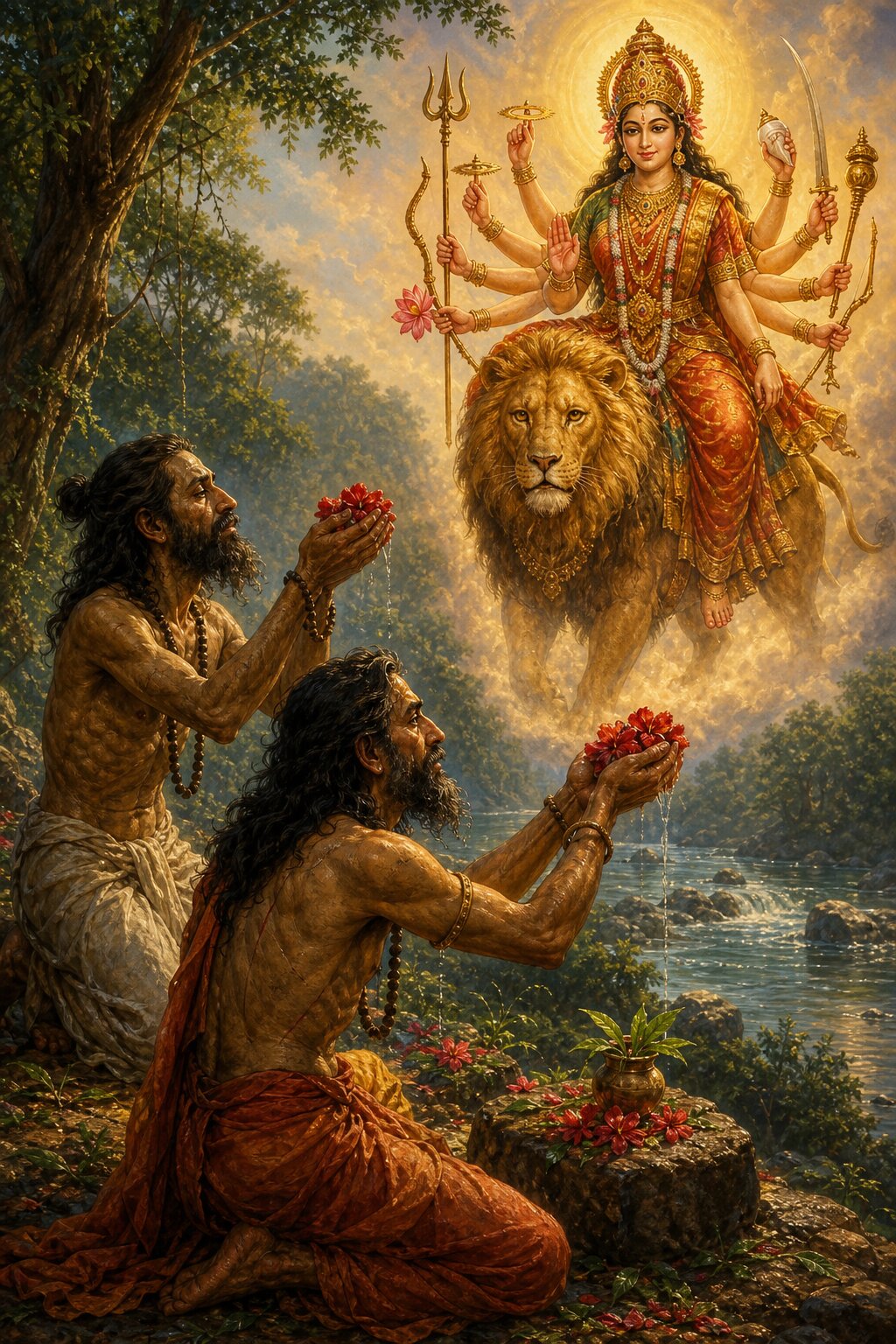 तपस्या से कृश राजा सुरथ और वैश्य समाधि अंजलि में पुष्प लिए सिंहवाहिनी देवी को अर्घ्य देते हुए।