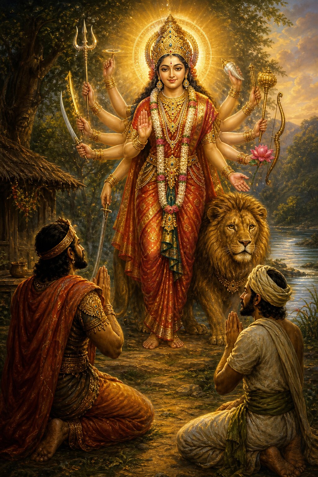 आयुधधारिणी देवी दुर्गा सिंह के साथ खड़ी हैं, राजा सुरथ और वैश्य समाधि दोनों ओर हाथ जोड़े।