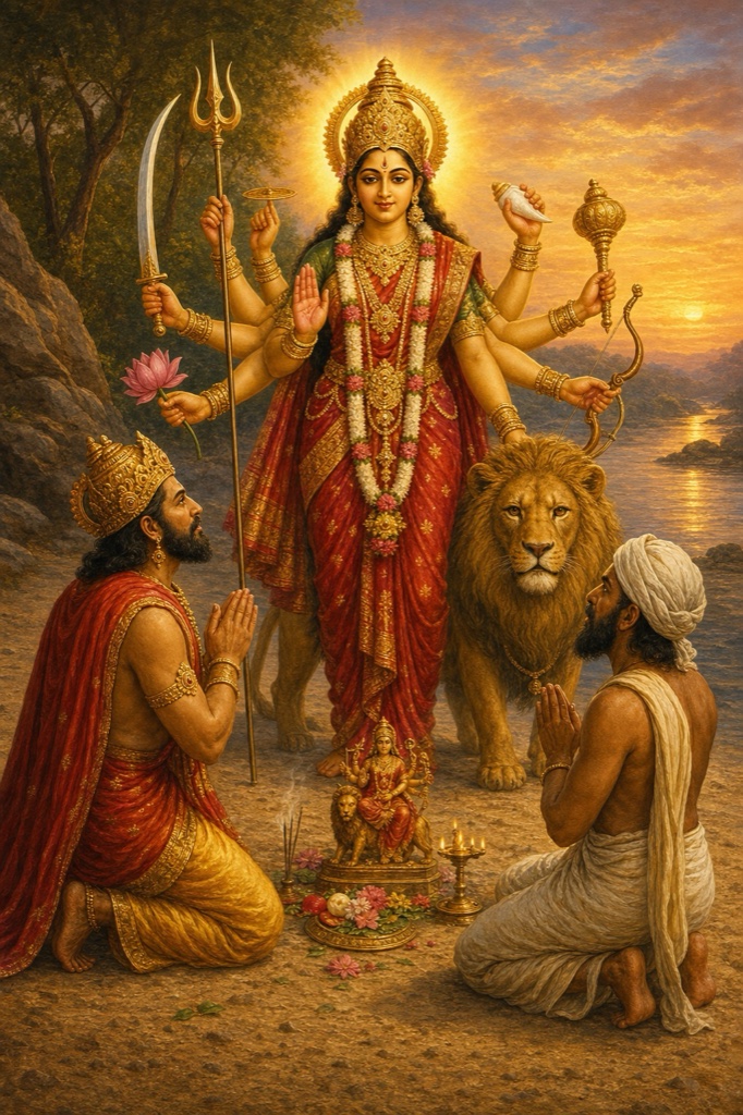 सूर्यास्त के समय देवी मूर्ति के पास साक्षात खड़ी हैं, राजा और वैश्य श्रद्धा से प्रणाम करते हुए।
