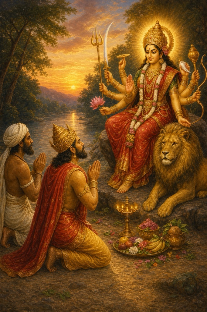 देवी सिंह के संग शिला पर विराजमान, राजा सुरथ और वैश्य समाधि फल-फूल अर्पित कर प्रार्थना करते।