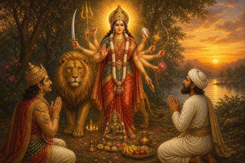 सिंह के साथ खड़ी देवी राजा और वैश्य के बीच, चरणों में छोटी मूर्ति, दीप और फलों का भोग।