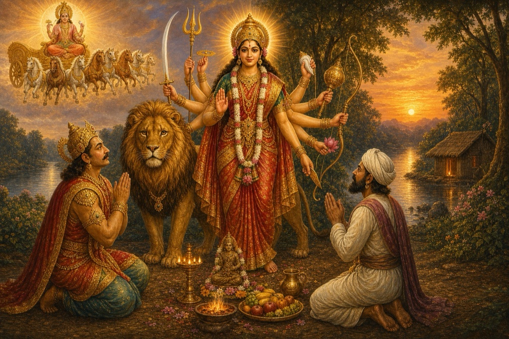 देवी के दर्शन के साथ आकाश में घोड़ों के रथ पर एक तेजोमयी आकृति, राजा और वैश्य प्रणाम करते।