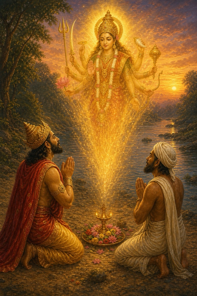 स्वर्णिम प्रकाश-स्तंभ में देवी प्रकट होती हुईं, नदी-तट पर राजा सुरथ और वैश्य समाधि हाथ जोड़े।