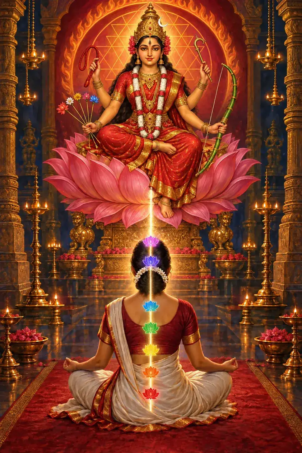 A woman meditates, seen from behind, with the chakras lit along her spine as Lalita sits enthroned on a lotus above.